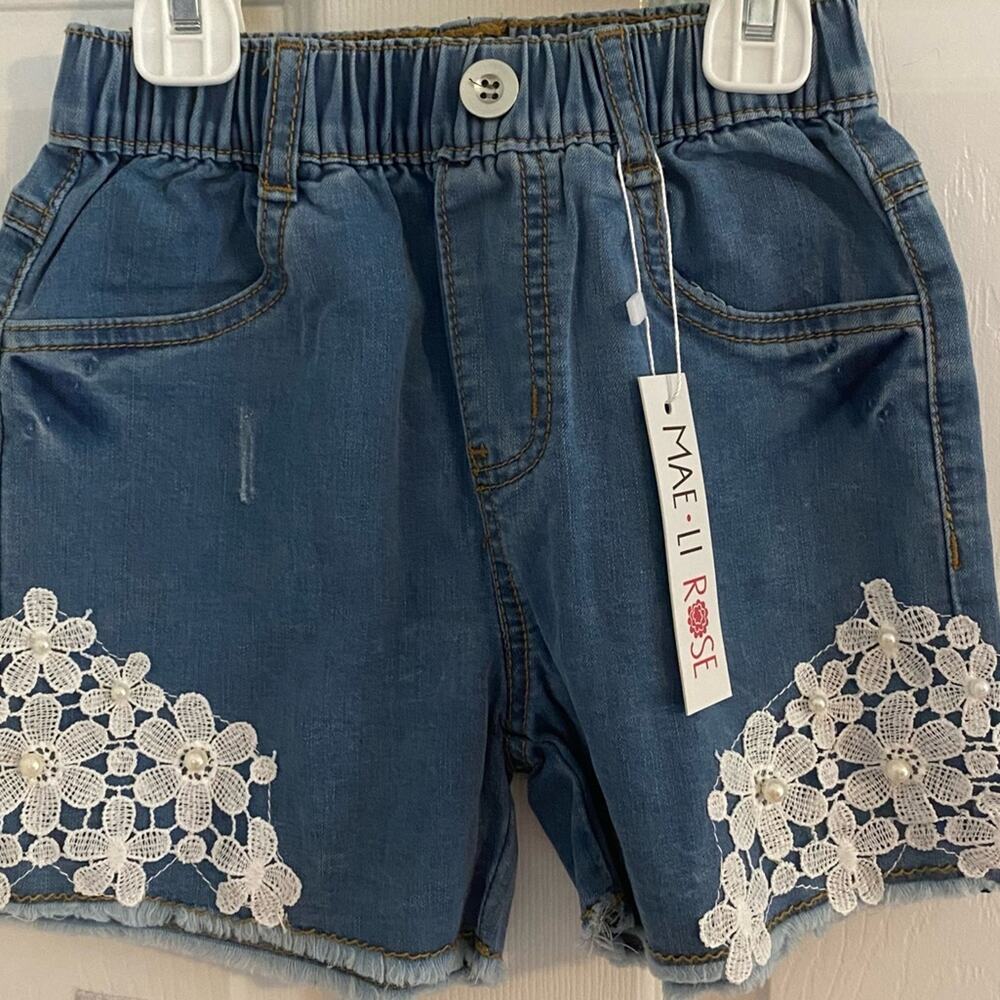 Mae Li Rose Denim jean Shorts Girls Size 10 lace cutoff fringe hem NWT
